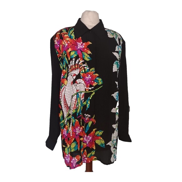 Diane Gilman Silk Sequin Cockatoo Tropical Birds Floral Blouse Size Large VTG - Picture 1 of 16